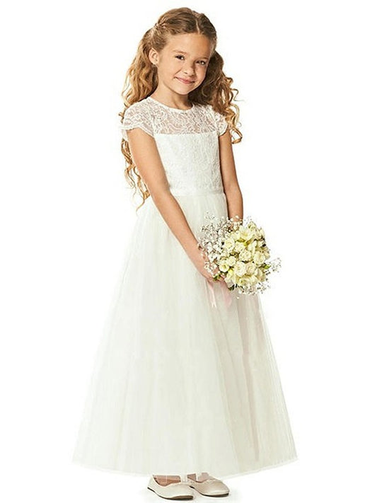 A-Line/Princess Tulle Lace Scoop Short Sleeves Ankle-Length Flower Girl Dresses DEP0007868