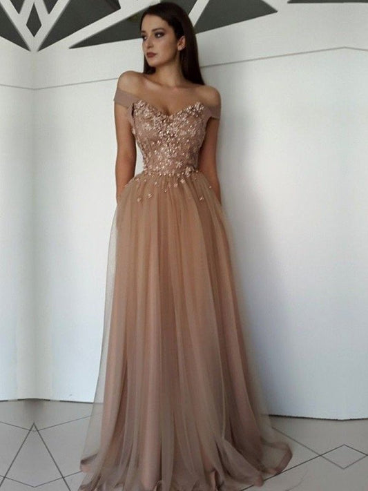 A-Line/Princess Sleeveless Off-the-Shoulder Floor-Length Applique Tulle Dresses DEP0001643