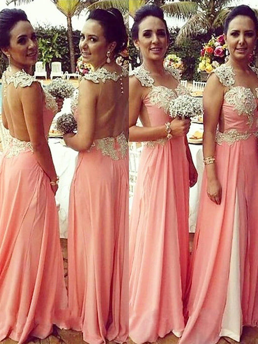 A-Line/Princess Straps Sleeveless Chiffon Applique Floor-Length Bridesmaid Dresses DEP0005566