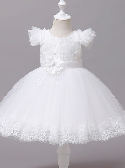 Ball Gown Tulle Applique Scoop Short Sleeves Tea-Length Flower Girl Dresses DEP0007512