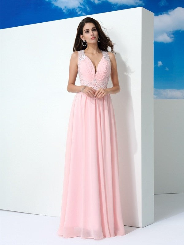 A-Line/Princess Straps Beading Sleeveless Long Chiffon Dresses DEP0002549