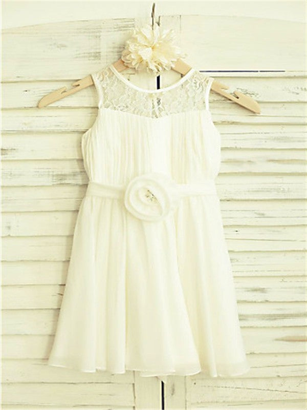 A-line/Princess Scoop Sleeveless Hand-made Flower Tea-Length Chiffon Flower Girl Dresses DEP0007795