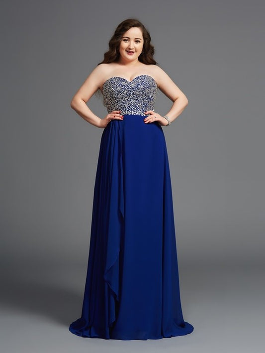 A-Line/Princess Sweetheart Rhinestone Sleeveless Long Chiffon Plus Size Dresses DEP0003685