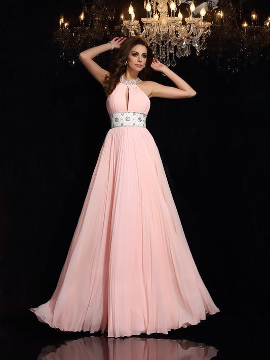 A-Line/Princess High Neck Pleats Sleeveless Long Chiffon Dresses DEP0002160