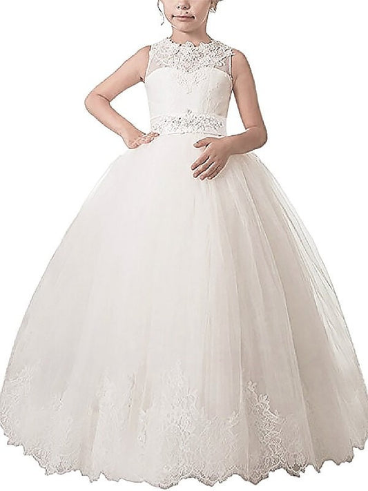 Ball Gown Sleeveless Scoop Sash/Ribbon/Belt Floor-Length Tulle Flower Girl Dresses DEP0007603