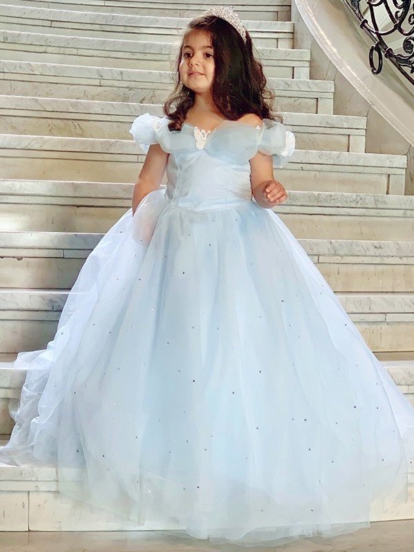 Ball Gown Tulle Rhinestone Off-the-Shoulder Sleeveless Floor-Length Flower Girl Dresses DEP0007466