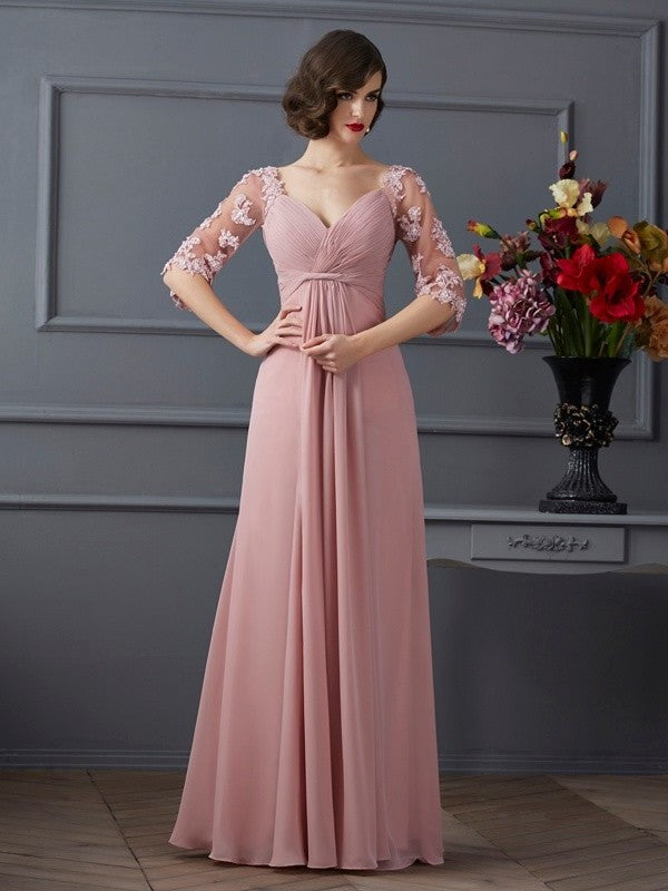 A-Line/Princess Sweetheart 1/2 Sleeves Beading Long Chiffon Dresses DEP0002556