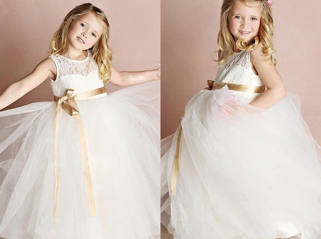 A-Line/Princess Tulle Sash/Ribbon/Belt Scoop Sleeveless Floor-Length Flower Girl Dresses DEP0007817