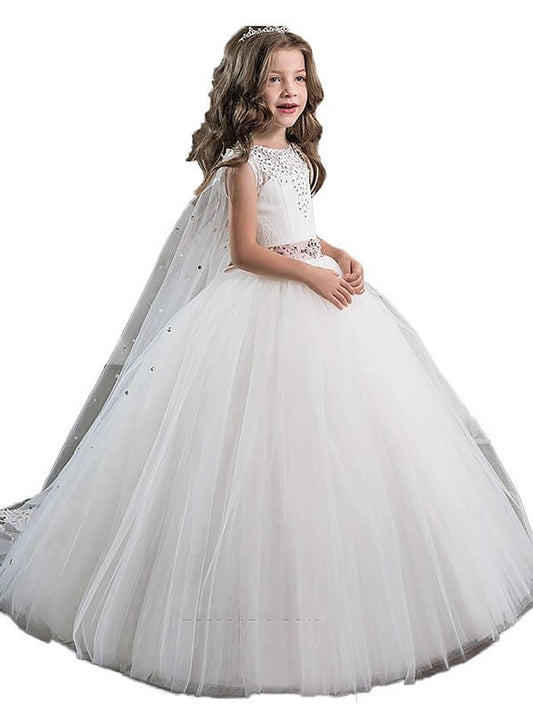 Ball Gown Jewel Sleeveless Beading Floor-Length Tulle Flower Girl Dresses DEP0007652