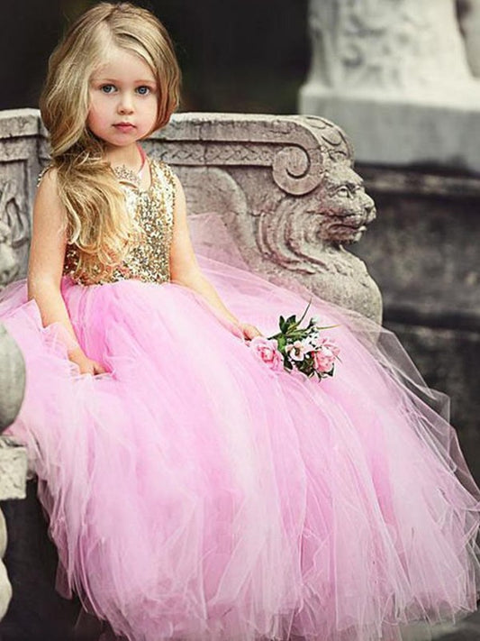 Ball Gown Sleeveless Scoop Floor-Length Sequin Tulle Flower Girl Dresses DEP0007622