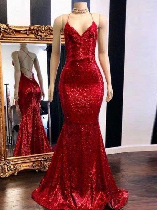 Trumpet/Mermaid Sweep/Brush Train Spaghetti Straps Sleeveless Sequins Dresses DEP0001452