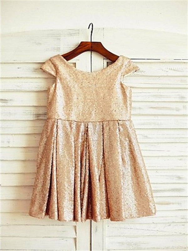 A-line/Princess Scoop Short Sleeves Tea-Length Sequins Flower Girl Dresses DEP0007693