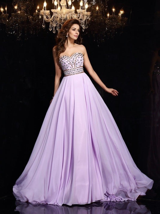 A-Line/Princess Sweetheart Beading Sleeveless Long Chiffon Dresses DEP0003432