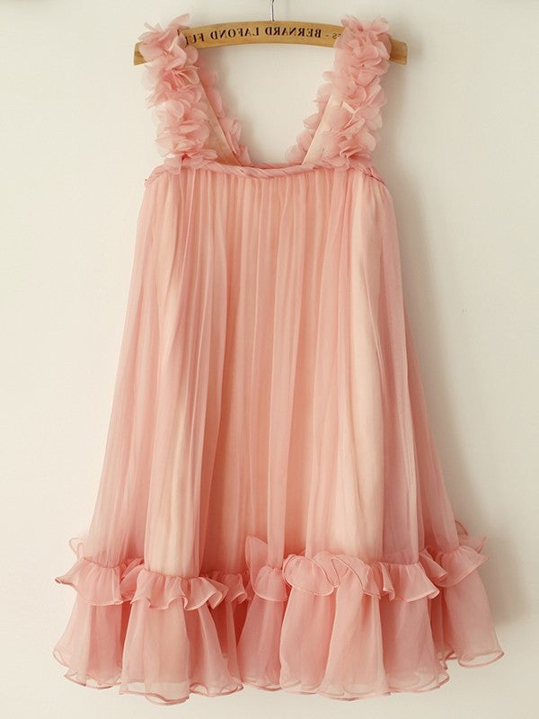 A-Line/Princess Straps Chiffon Hand-Made Flower Sleeveless Knee-Length Flower Girl Dresses DEP0007872