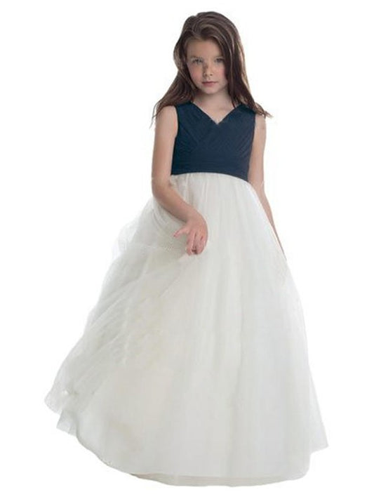 A-Line/Princess Tulle Ruched V-neck Sleeveless Floor-Length Flower Girl Dresses DEP0007912