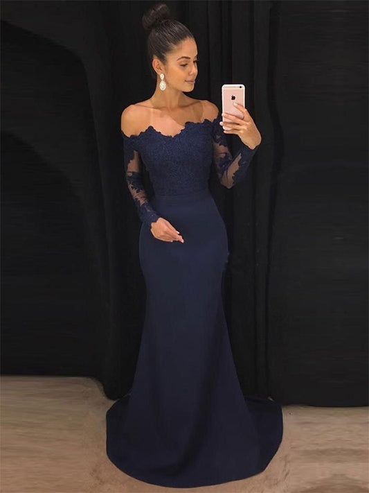 Trumpet/Mermaid Off-the-Shoulder Long Sleeves Sweep/Brush Train Lace Stretch Crepe Dresses DEP0001690