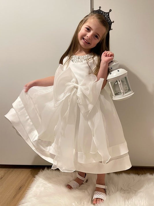 A-Line/Princess Satin Bowknot Jewel Sleeveless Tea-Length Flower Girl Dresses DEP0009294