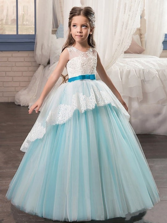 Ball Gown Jewel Sleeveless Sash/Ribbon/Belt Floor-Length Tulle Flower Girl Dresses DEP0007648