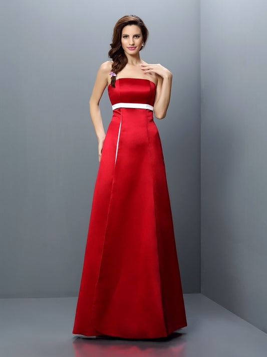 A-Line/Princess Strapless Sash/Ribbon/Belt Sleeveless Long Satin Bridesmaid Dresses DEP0005811