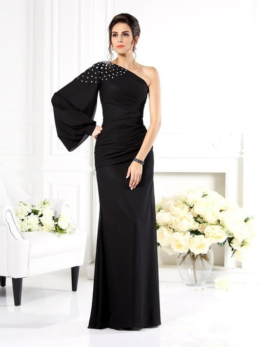 Sheath/Column One-Shoulder Beading Long Sleeves Long Chiffon Mother of the Bride Dresses DEP0007087