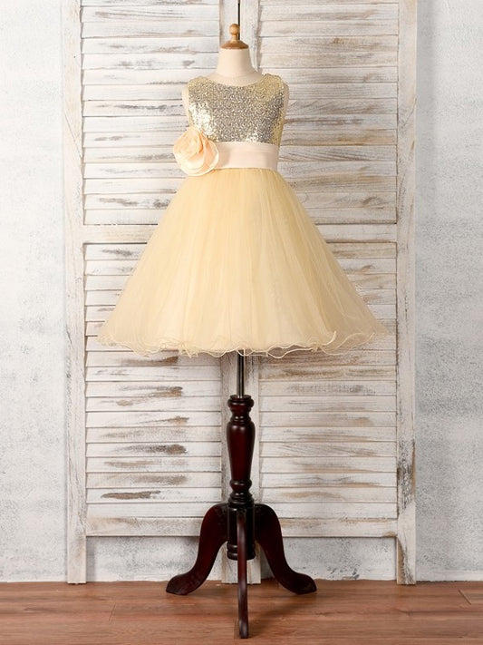 A-Line/Princess Tulle Hand-Made Flower Scoop Sleeveless Tea-Length Flower Girl Dresses DEP0007529