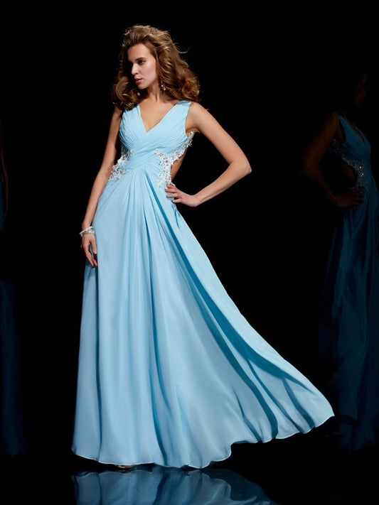 A-Line/Princess Straps Sleeveless Applique Beading Long Chiffon Dresses DEP0003037