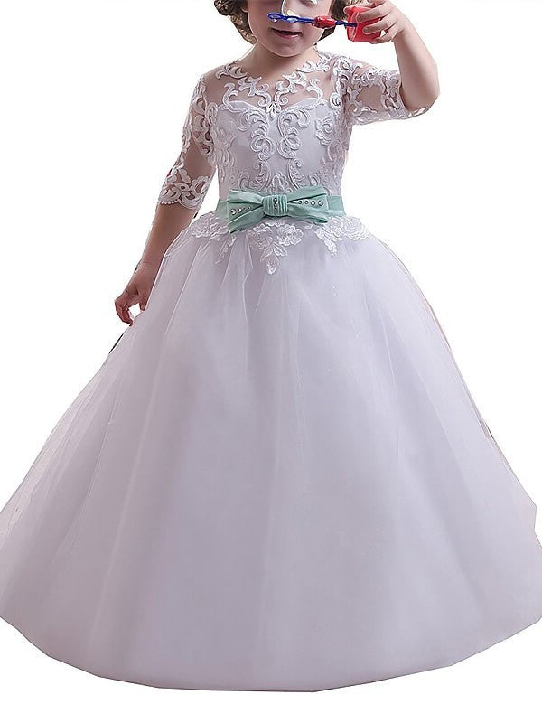 Ball Gown Jewel 1/2 Sleeves Lace Floor-Length Tulle Flower Girl Dresses DEP0007750