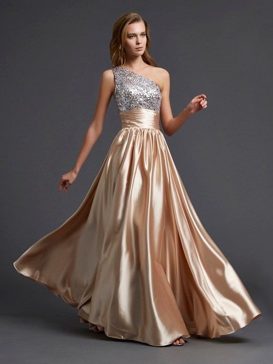 A-Line/Princess One-Shoulder Sleeveless Paillette Long Elastic Woven Satin Dresses DEP0002200