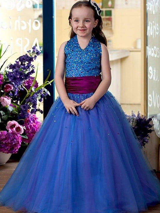 Ball Gown Halter Sleeveless Floor-Length Sequins Tulle Flower Girl Dresses DEP0007806