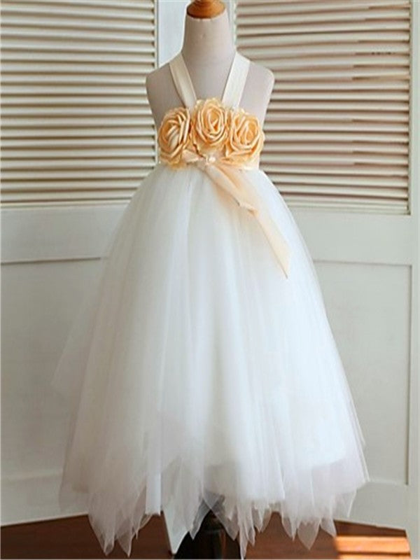 Ball Gown Sleeveless Straps Hand-made Flower Tea-Length Tulle Flower Girl Dresses DEP0007717