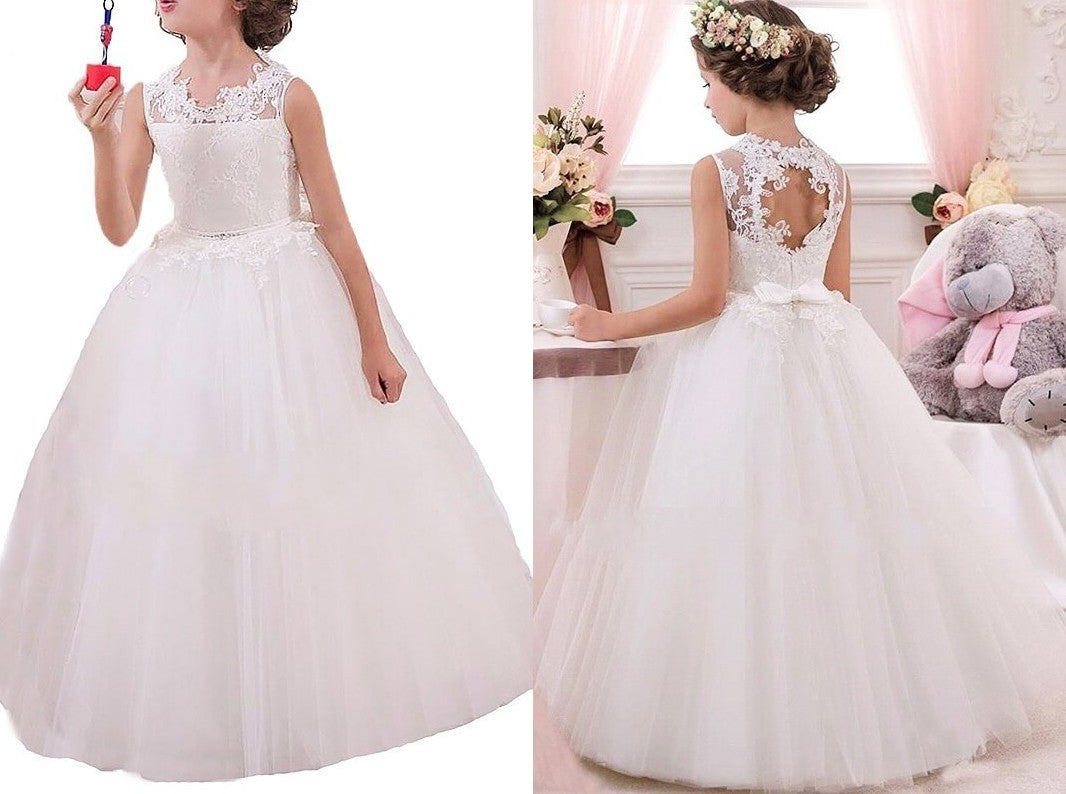 Ball Gown Jewel Sleeveless Applique Floor-Length Tulle Flower Girl Dresses DEP0007646