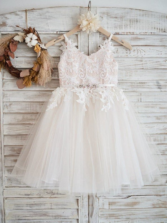 A-Line/Princess Tulle Lace V-neck Sleeveless Knee-Length Flower Girl Dresses DEP0007473