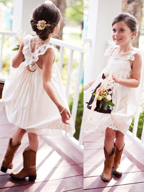 A-Line/Princess Sleeveless Square Knee-Length Lace Chiffon Flower Girl Dresses DEP0007655