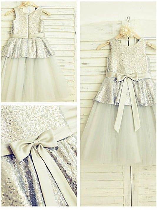 A-line/Princess Sleeveless Scoop Sequin Tea-Length Tulle Flower Girl Dresses DEP0007864