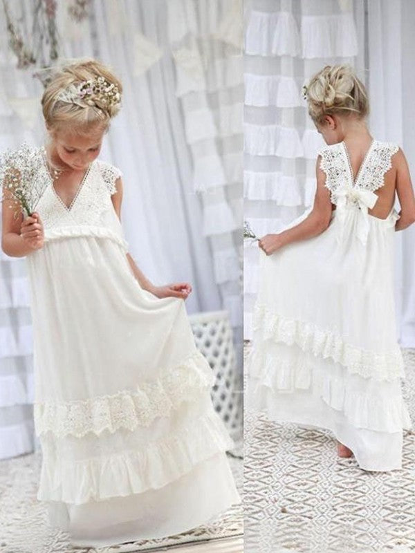 Empire Sleeveless V-neck Floor-Length Lace Chiffon Flower Girl Dresses DEP0007703