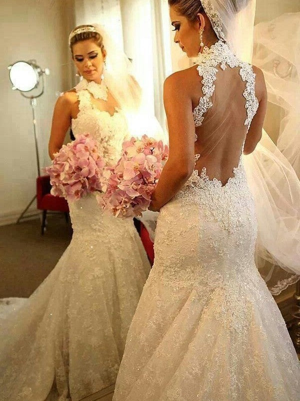 Trumpet/Mermaid High Neck Sleeveless Lace Court Train Wedding Dresses DEP0006198