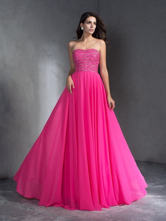 A-Line/Princess Sweetheart Beading Sleeveless Long Chiffon Dresses DEP0003958