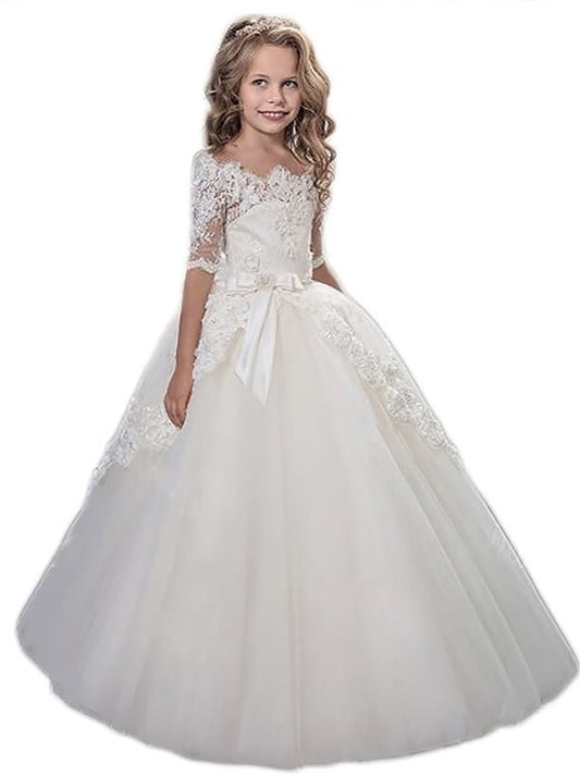 Ball Gown Off-the-Shoulder Short Sleeves Applique Floor-Length Tulle Flower Girl Dresses DEP0007609