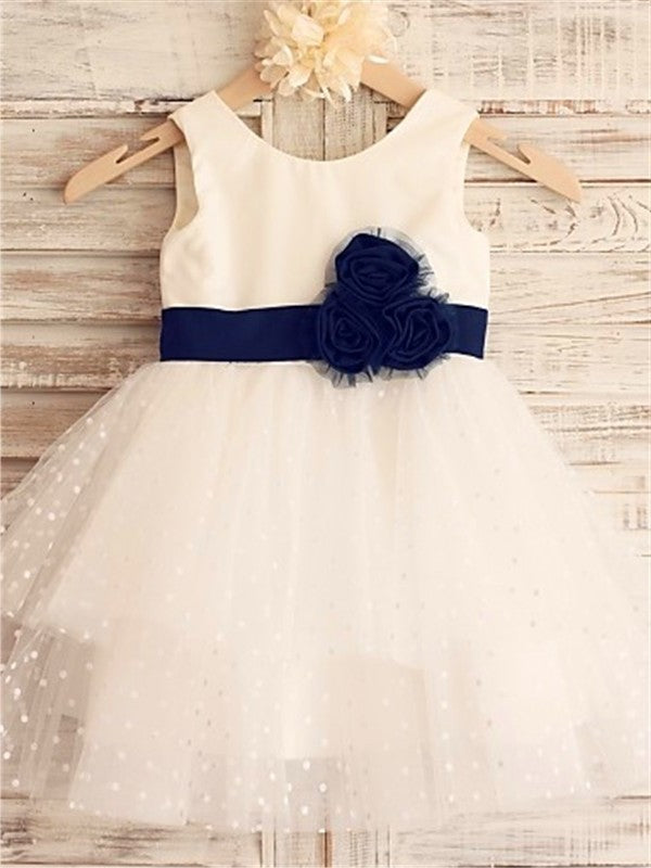 A-line/Princess Sleeveless Scoop Hand-made Flower Tea-Length Organza Flower Girl Dresses DEP0007831