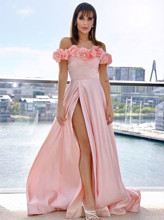 A-Line/Princess Satin Off-the-Shoulder Sleeveless Hand-Made Flower Sweep/Brush Train Dresses DEP0001505