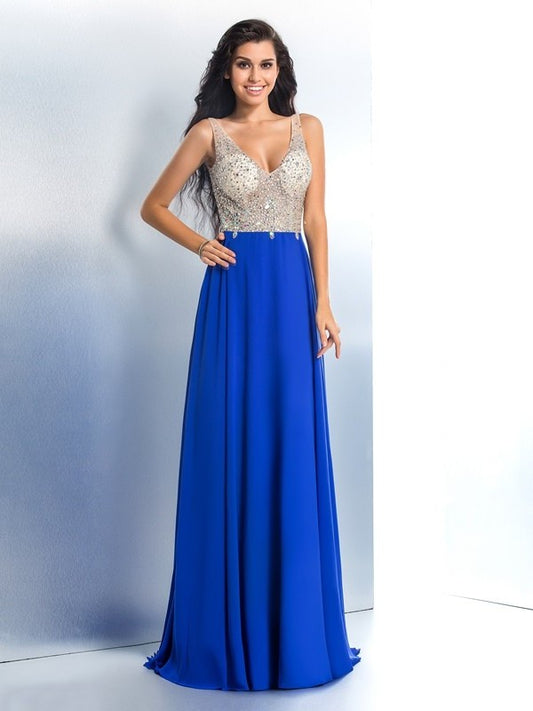 A-Line/Princess Straps Beading Sleeveless Long Chiffon Dresses DEP0003689