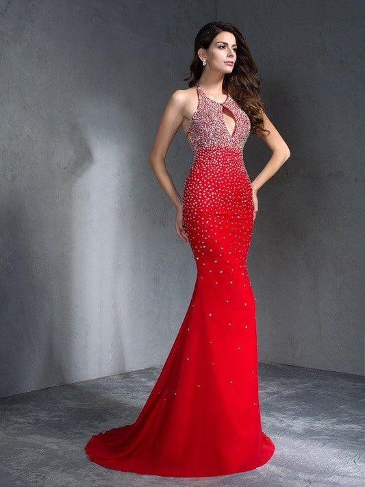 Trumpet/Mermaid Halter Beading Sleeveless Long Chiffon Dresses DEP0002024