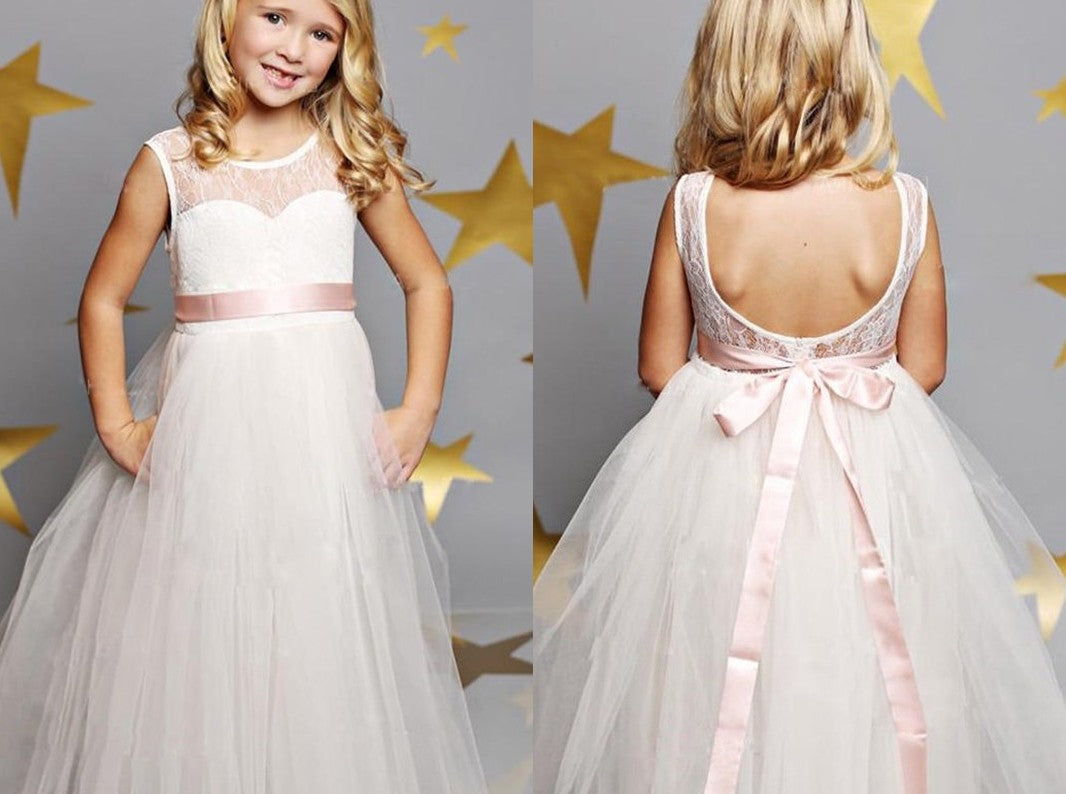 A-Line/Princess Tulle Scoop Sleeveless Sash/Ribbon/Belt Floor-Length Flower Girl Dresses DEP0007891