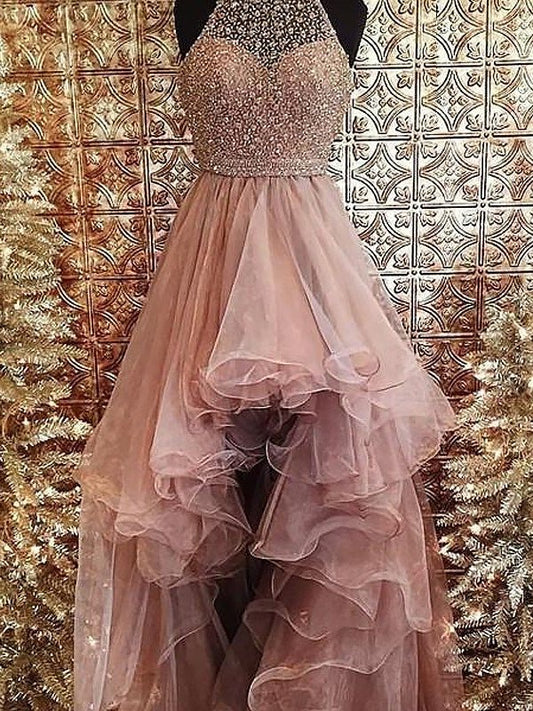 Ball Gown Halter Sleeveless Beading Sweep/Brush Train Tulle Dresses DEP0001796