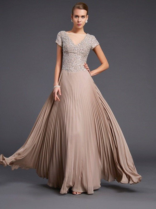 A-Line/Princess V-neck Short Sleeves Beading Long Chiffon Mother of the Bride Dresses DEP0007126