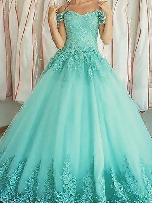 Ball Gown Sleeveless Off-the-Shoulder Applique Floor-Length Tulle Dresses DEP0001912