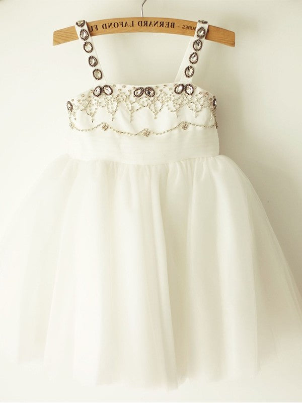 A-Line/Princess Tulle Beading Sleeveless Straps Knee-Length Flower Girl Dresses DEP0007916