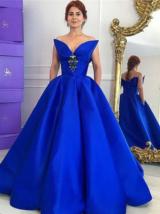 Ball Gown Sleeveless V-neck Ruffles Floor-Length Satin Dresses DEP0002240