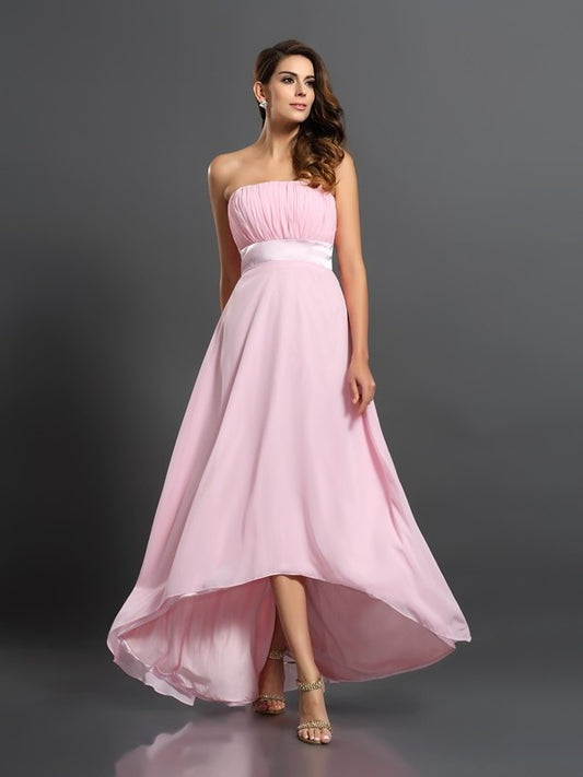 A-Line/Princess Strapless Sleeveless High Low Chiffon Bridesmaid Dresses DEP0005340