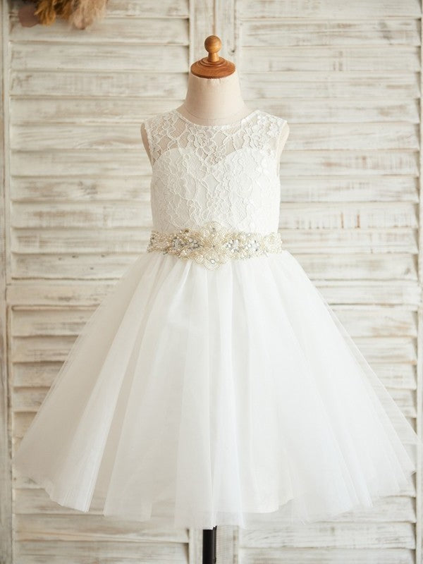 A-Line/Princess Tulle Lace Scoop Sleeveless Knee-Length Flower Girl Dresses DEP0007869